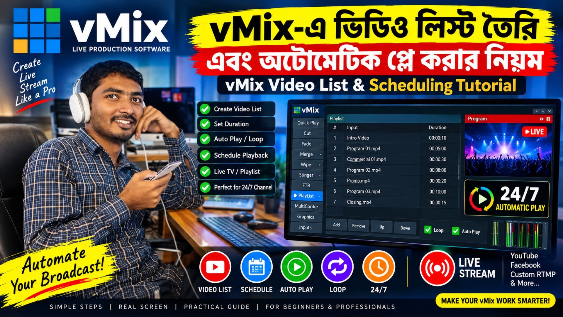 vMix-এ ভিডিও লিস্ট তৈরি এবং অটোমেটিক প্লে করার নিয়ম | vMix Video List & Scheduling Tutorial